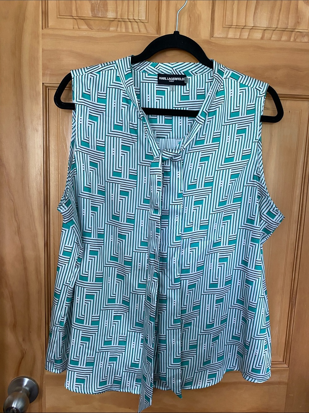 Karl Lagerfeld Teal and White Geometric Tie-Neck Sleeveless Blouse